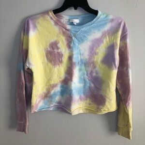 Colsie Tye Dye Sweat Shirt Crop Top Pastels Blue Purple Yellow Raw Hem